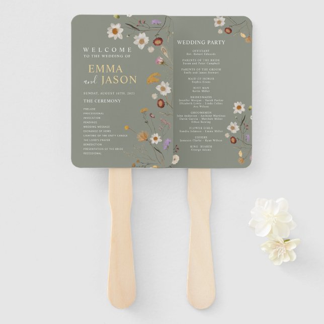Leque de Mão para Programa de Casamento Floral Boh (Frente e Verso)