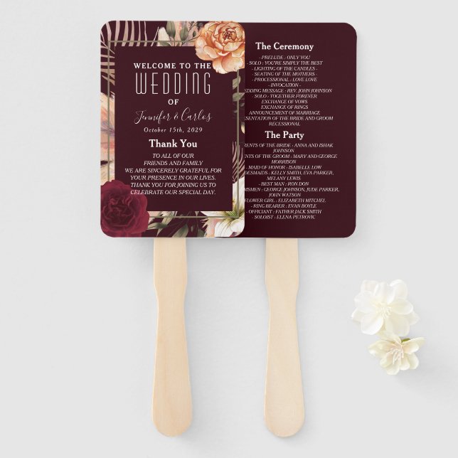 Leque de Mão para Programa de Casamento Floral Bor (Frente e Verso)