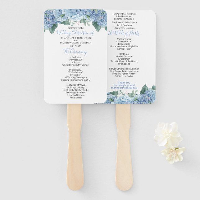 Leque de mão para programa de casamento floral de  (Frente e Verso)