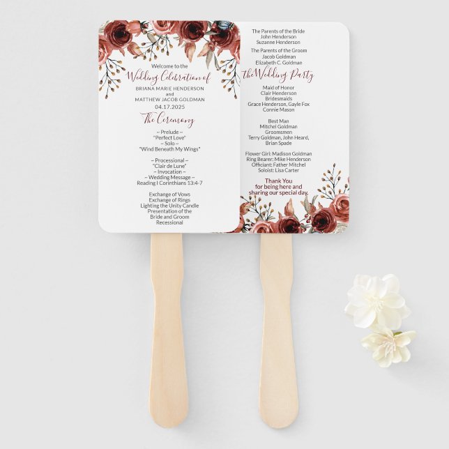 Leque de mão para programa de casamento floral de  (Frente e Verso)