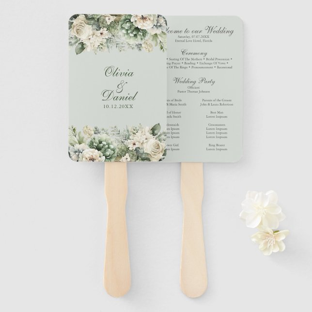 Leque de Mão para Programa de Casamento Floral em  (Frente e Verso)