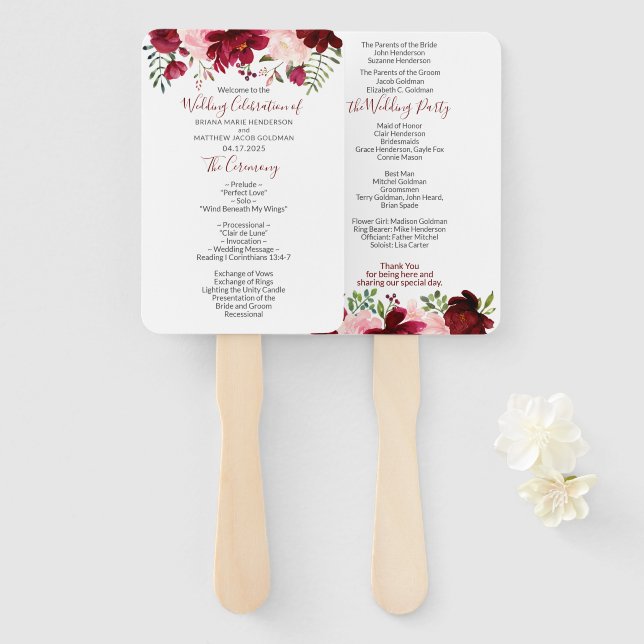 Leque de mão para programa de casamento floral ros (Frente e Verso)