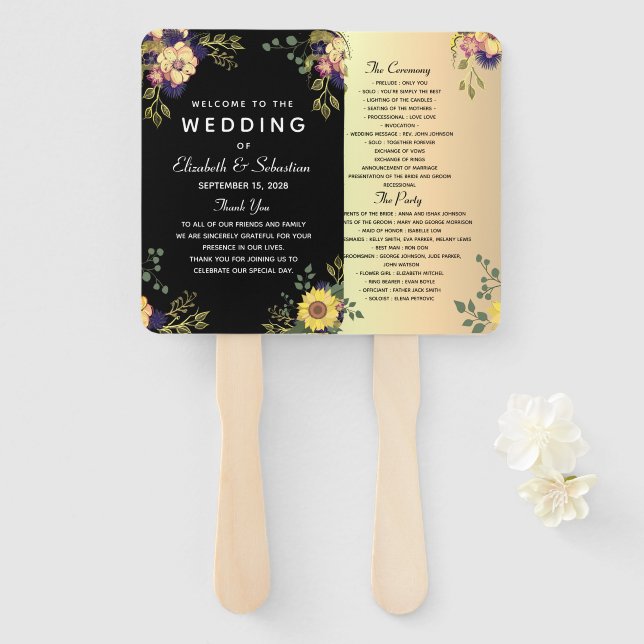 Leque de Mão para Programa de Casamento Floral Tem (Frente e Verso)