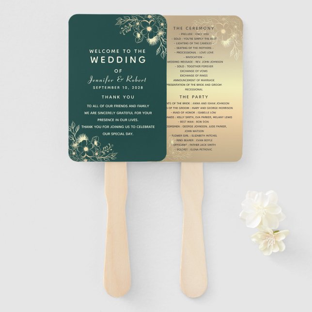 Leque de Mão para Programa de Casamento Verde Esme (Frente e Verso)