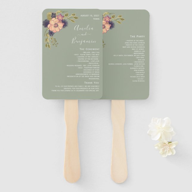 Leque de Mão para Programa de Casamento Verde Sage (Frente e Verso)
