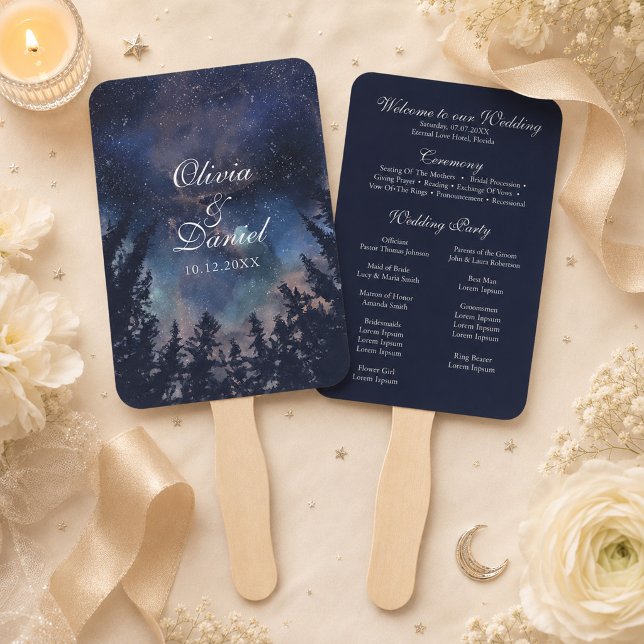 Leque de Programa de Casamento Celestial Floresta  (Starry Night Forest Celestial Wedding Program Fan on a table with celestial wedding decor & flowers)