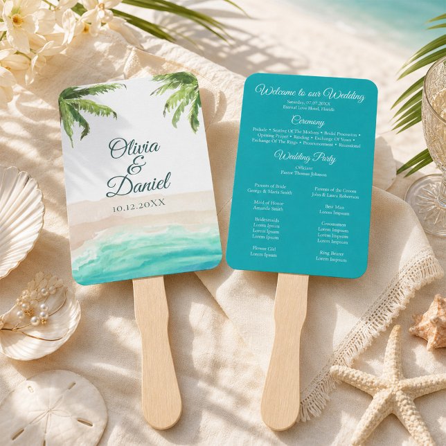 Leque de Programa de Casamento de Praia Tropical e (Tropical Beach and Palm Trees Wedding Program Fan)