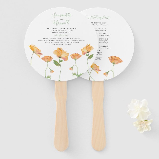 Leque de Programa de Casamento Floral Laranja (Frente e Verso)