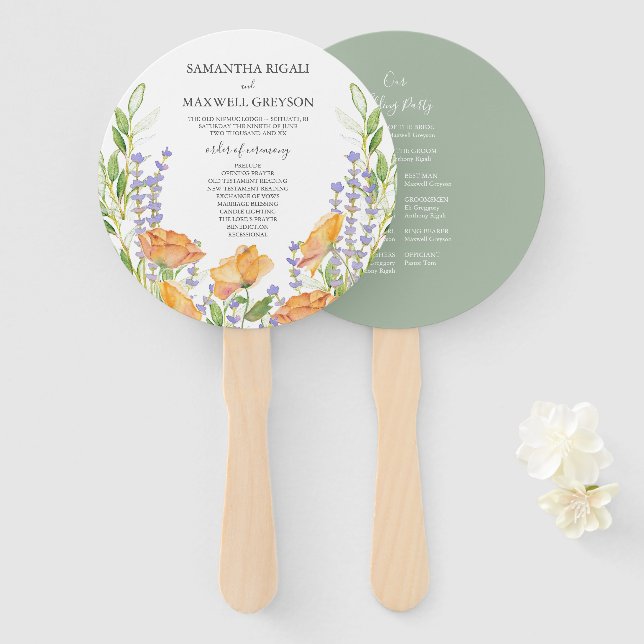 Leque de Programa de Casamento Floral Laranja e Ve (Frente e Verso)