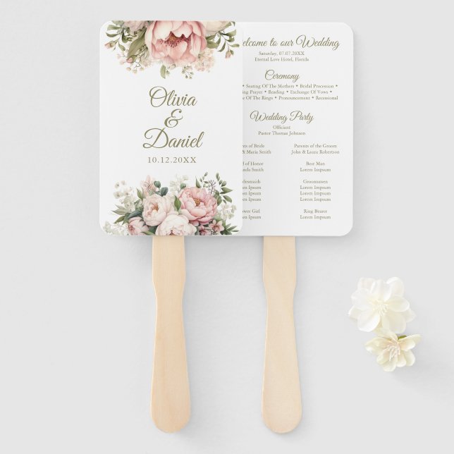 Leque de Programa de Casamento Floral | Peônia Ros (Frente e Verso)