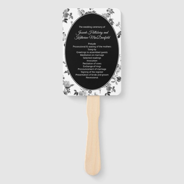 Leque de Programa de Casamento Floral Preto e Bran (Frente)