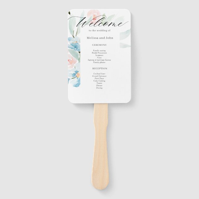 Leque Detalhes do Casamento Azul e Blush de Cores d'Água (Frente)