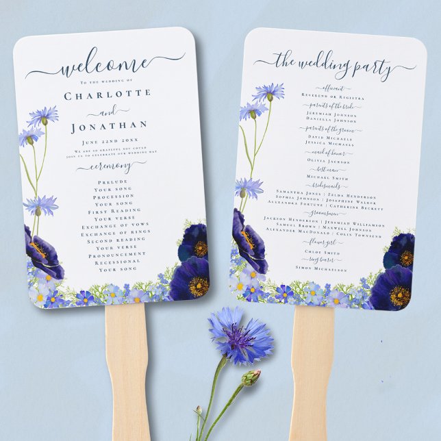 Leque Dia de Casamento Azul de Flor Selvagem Moderna (Elegant blue floral watercolor day of wedding programme fan with stylish typography script )