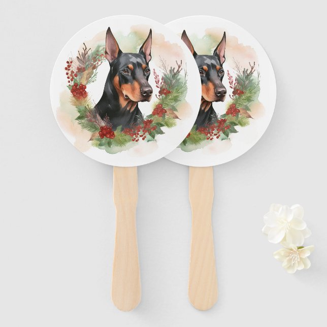 Leque Doberman Christmas Wreath Festivo Pup (Frente e Verso)