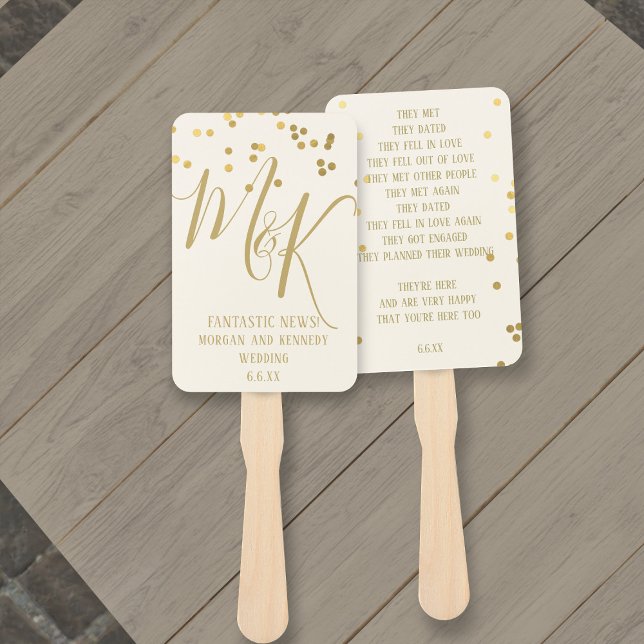 Leque Dourada Confetti sobre os fãs do programa de casam (Gold Confetti on Ecru Wedding Program Hand Fans with space for your details)