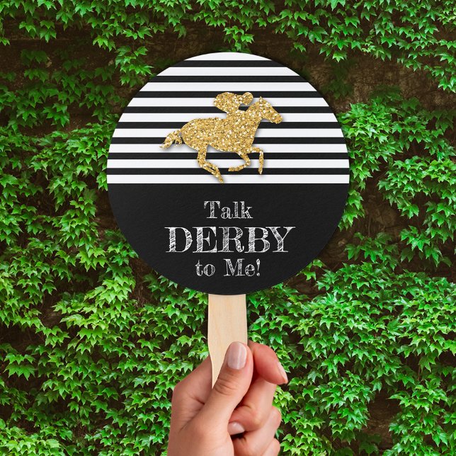 Leque Dourado Derby Racecavalo Black and White Stripes (Talk Derby to Me gold racehorse on black and white stripes hand fans)