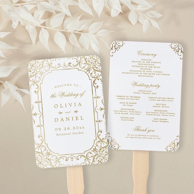Leque Dourado programa de casamento vintage elegante do  (Gold elegant ornate vintage wedding program hand fan)