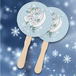 Leque Dragão Branco Flocos de Neve Azul