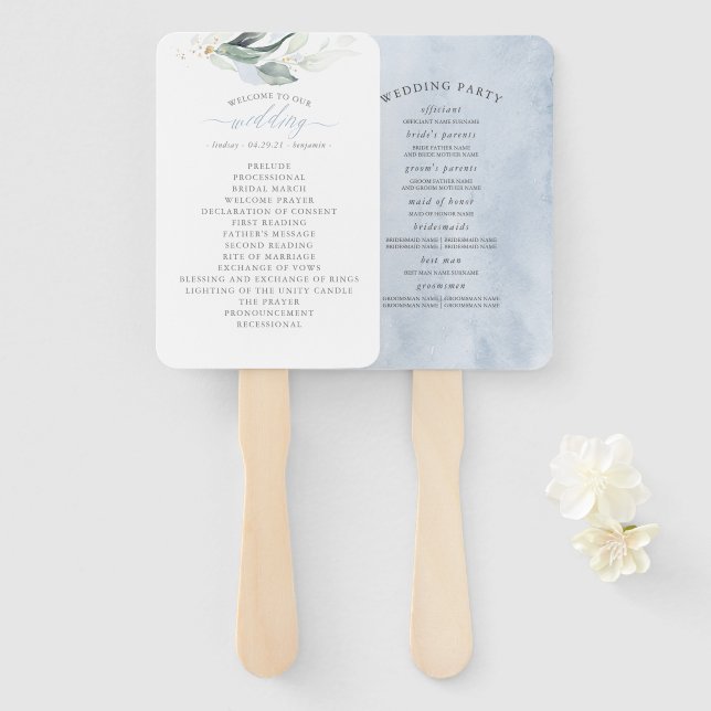 Leque Dreamy Greenery Dusty Blue Wedding Program (Frente e Verso)