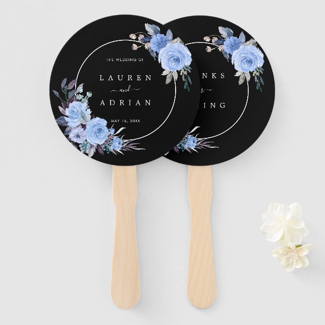 Leque Dusty Blue & Black Floral Weding Obrigado (Frente e Verso)
