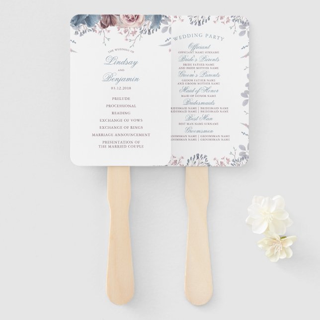 Leque Dusty Blue e Mauve Floral Weding Program (Frente e Verso)