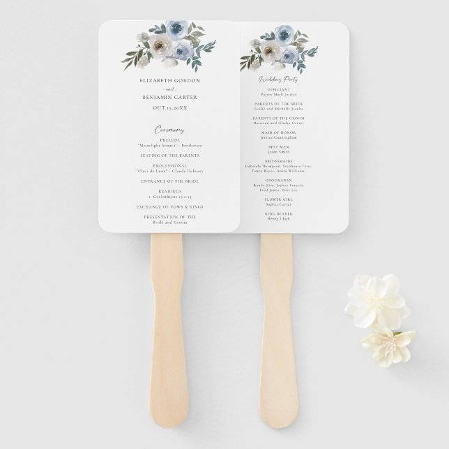 Leque Dusty Blue Floral Program Ceremony Bridal (Frente e Verso)