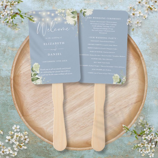 Leque Dusty Blue Floral String Lights (Dusty Blue Floral String Lights Wedding Program Hand Fan)