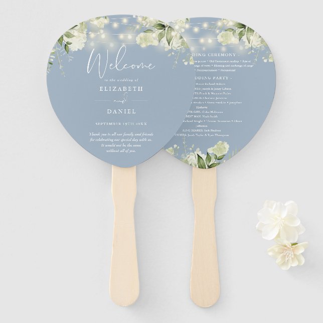 Leque Dusty Blue Greenery Luzes do Programa de Casamento (Frente e Verso)