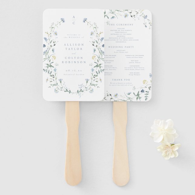 Leque Dusty Blue Wildflower Rustic Boho Weding Program (Frente e Verso)