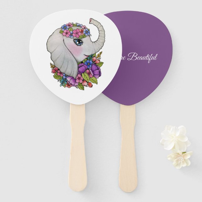 Leque Elefante De Aquarela Com Flores Selvagens (Frente e Verso)