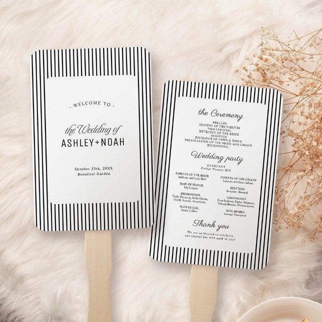 Leque Elegância de Listras Pretas Programa de Casamento  (Black Striped Elegance Classy Wedding Program Hand Fan)