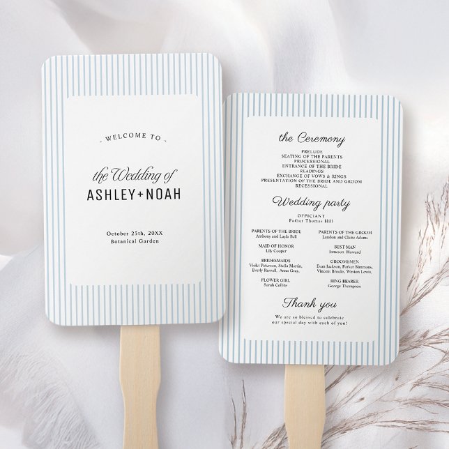 Leque Elegância Listrada Azul Empoeirada Programa de Cas (Dusty Blue Striped Elegance Classy Wedding Program Hand Fan)