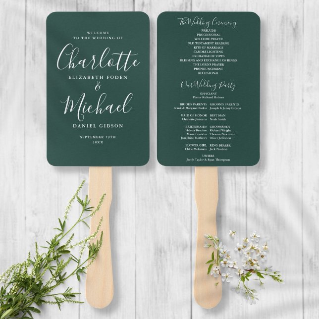 Leque Elegant Emerald Modern Script Wedding Program (Criador carregado)