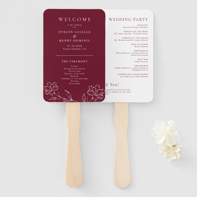 Leque Elegant Floral Line Art Burgundy Wedding Program (Frente e Verso)