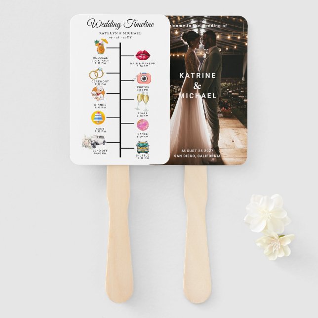 Leque Elegant Photo Modern Wedding Program Hand Fan (Frente e Verso)