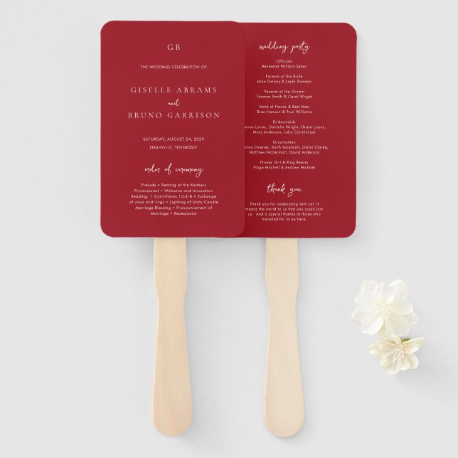 Leque Elegant Ruby Red Modern Wedding Program (Frente e Verso)