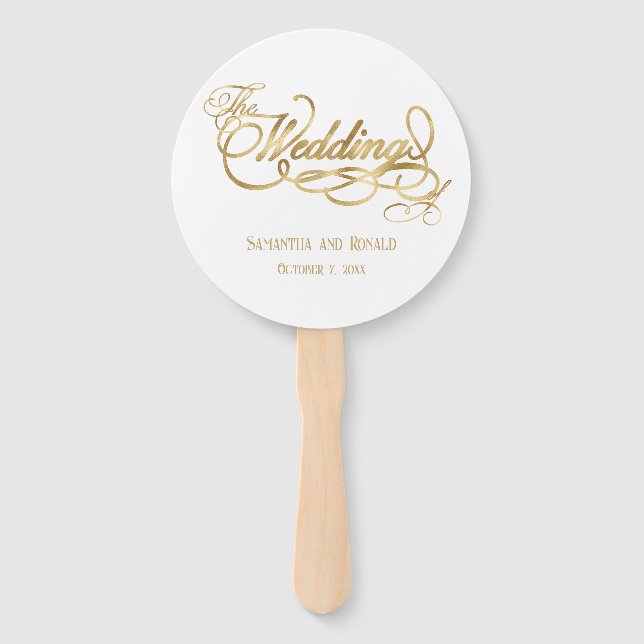 Leque Elegant White and Faux Gold Calligraphy Wedding (Frente)