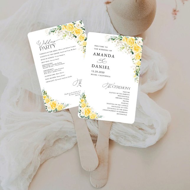 Leque Elegant Yellow Wedding Program Hand Fan (Criador carregado)