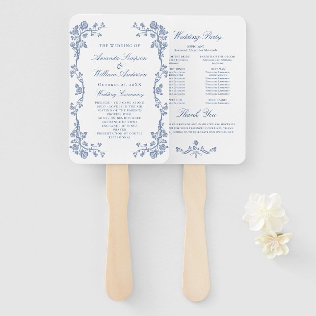 Leque Elegante Blue France Flowers Weding Program (Frente e Verso)