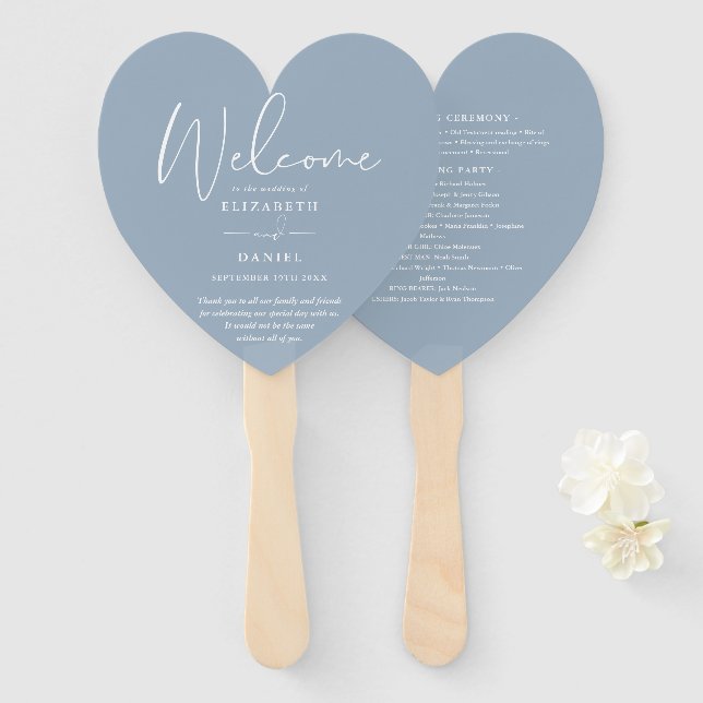 Leque Elegante Dusty Blue Wedding Program Heart (Frente e Verso)