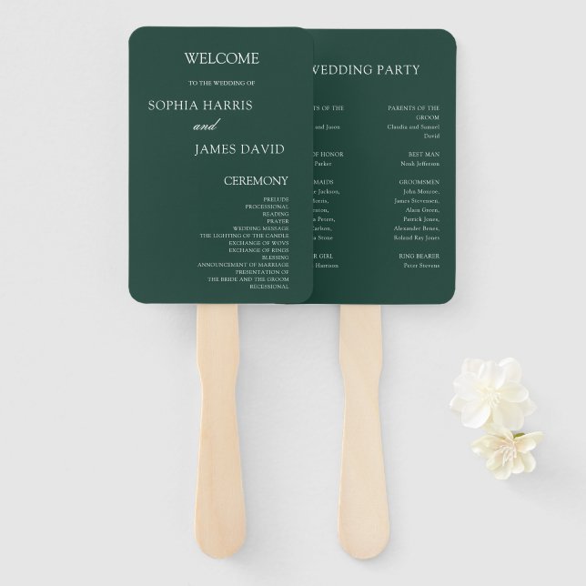 Leque Elegante Emerald Green - Programas de Casamento Mi (Frente e Verso)