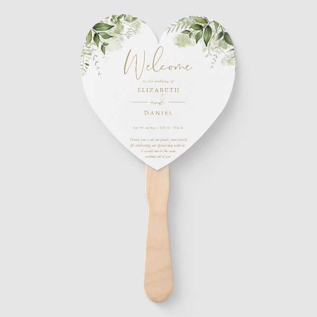 Leque Elegante Greenery Floral Dourado Wedding Program H (Frente)