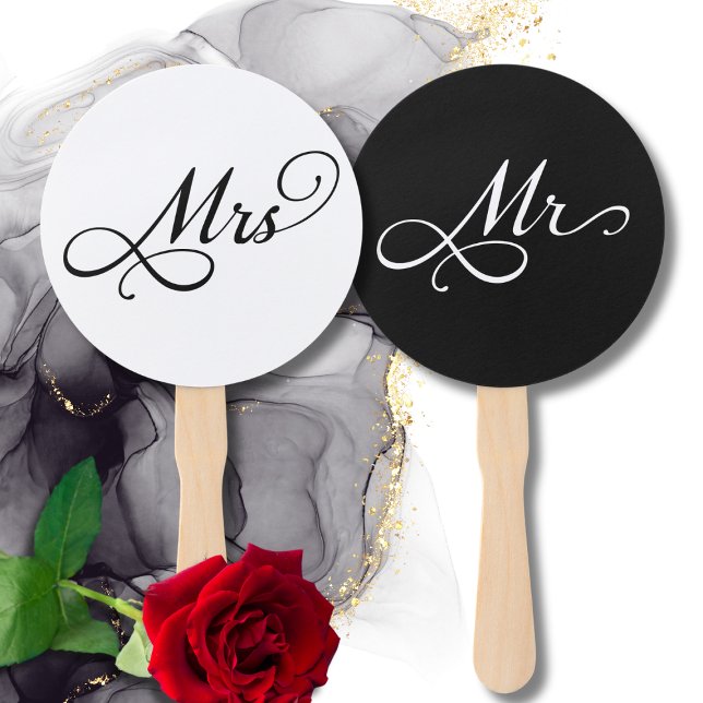 Leque Elegante Jogo da Sra. Wedding (elegant black and white Mr and Mrs wedding game hand fan,calligraphy script typography wedding favor)