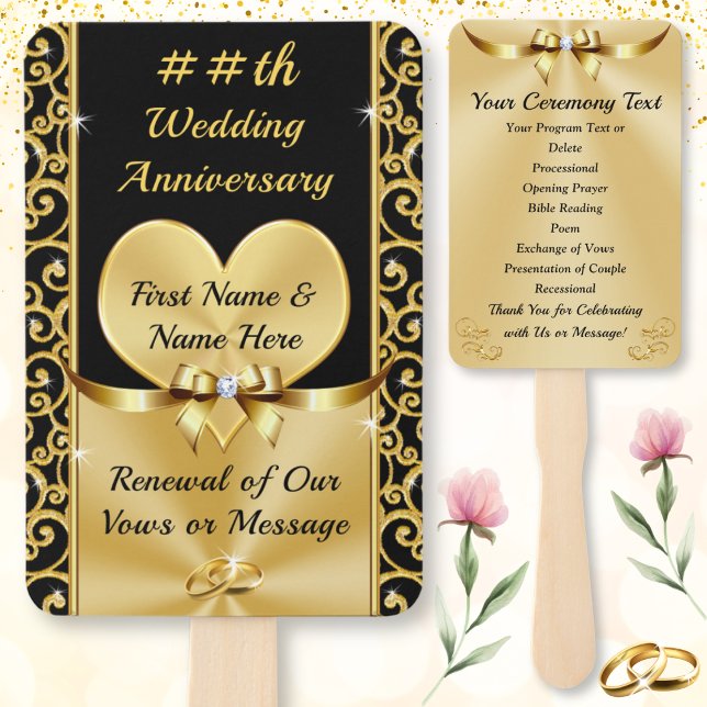 Leque Elegante, Programa da Cerimônia de Bodas de Ouro d (Black and Gold Programs. Wedding anniversary program or anniversary party favors. Golden anniversary)