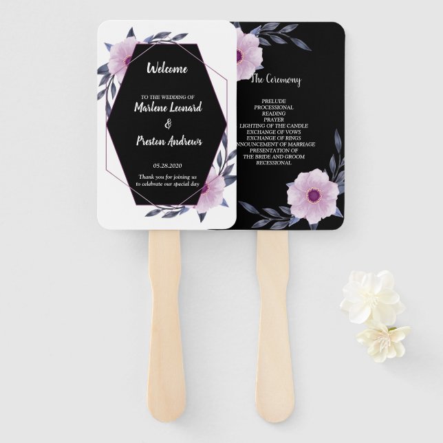 Leque Elegante Programa de Casamento de Púrpura de armaç (Frente e Verso)