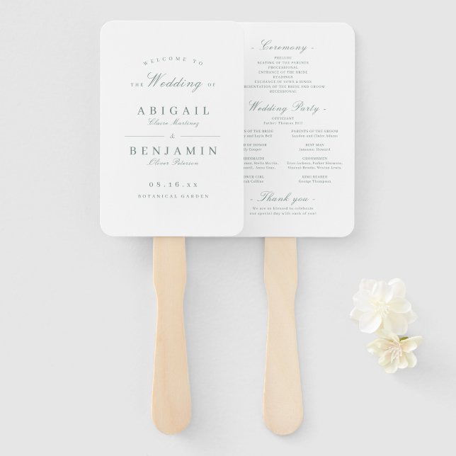 Leque Elegante programa de casamento minimalista em verd (Frente e Verso)