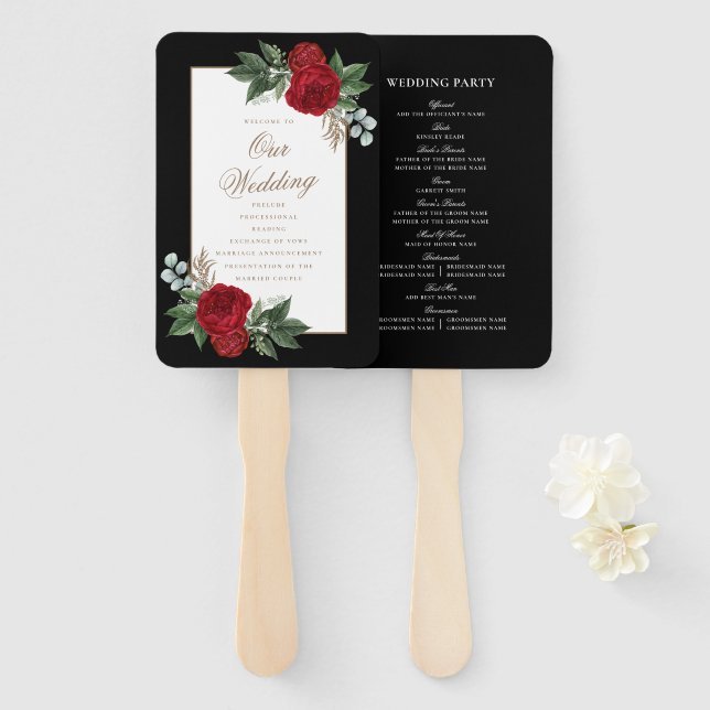 Leque Elegante Red Floral Black & White Wedment Program (Frente e Verso)