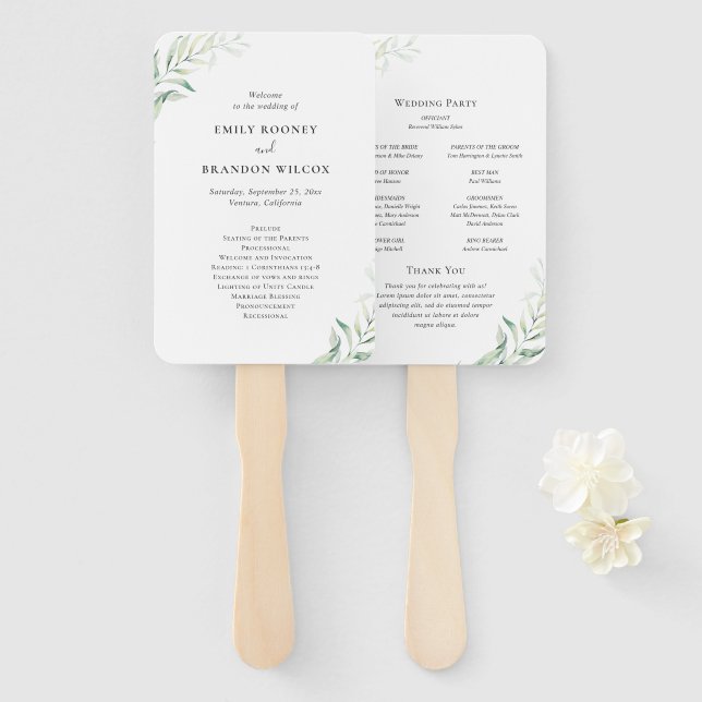 Leque Elegante Sage Eucalyptus Greenery Weding Program (Frente e Verso)