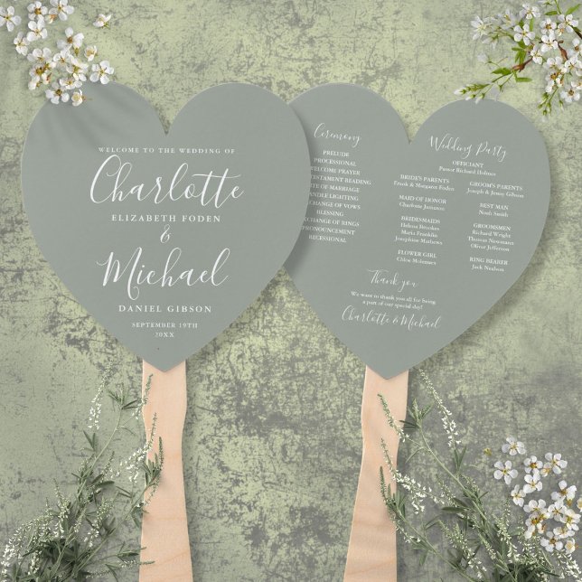 Leque Elegante Script Sage Green Wedding Program Heart (Elegant Script Sage Green Wedding Program Heart Hand Fan)