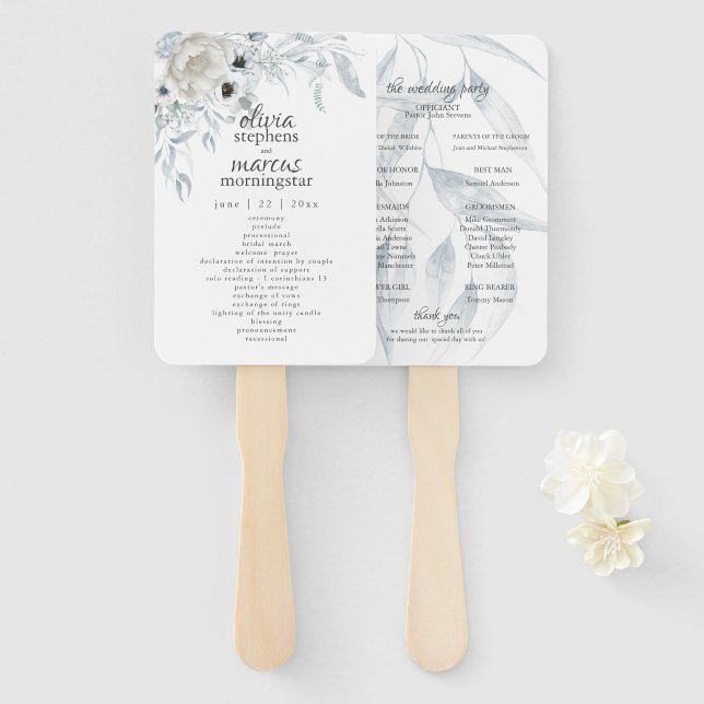 Leque Elegante Watercolor Dusty Blue Floral (Frente e Verso)